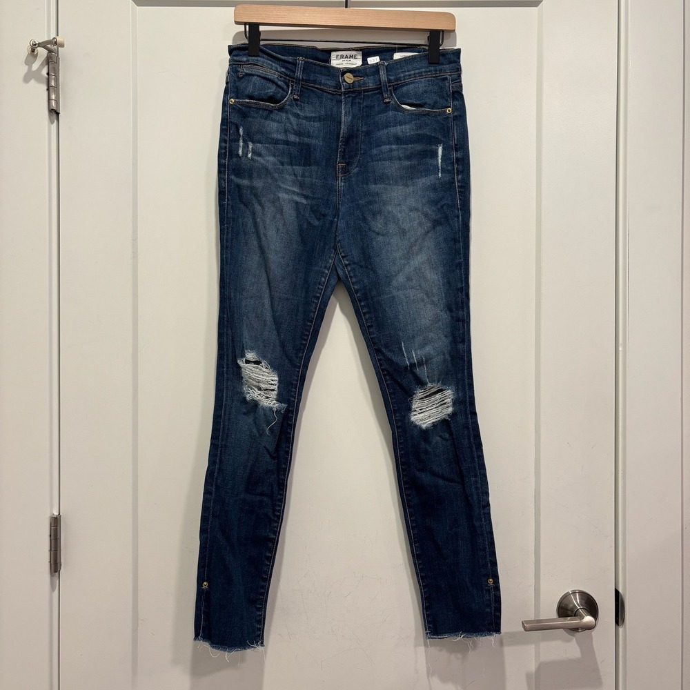 Frame Denim Le High Skinny Jeans Blue Distressed Raw Hem Ankle Snap Size 29